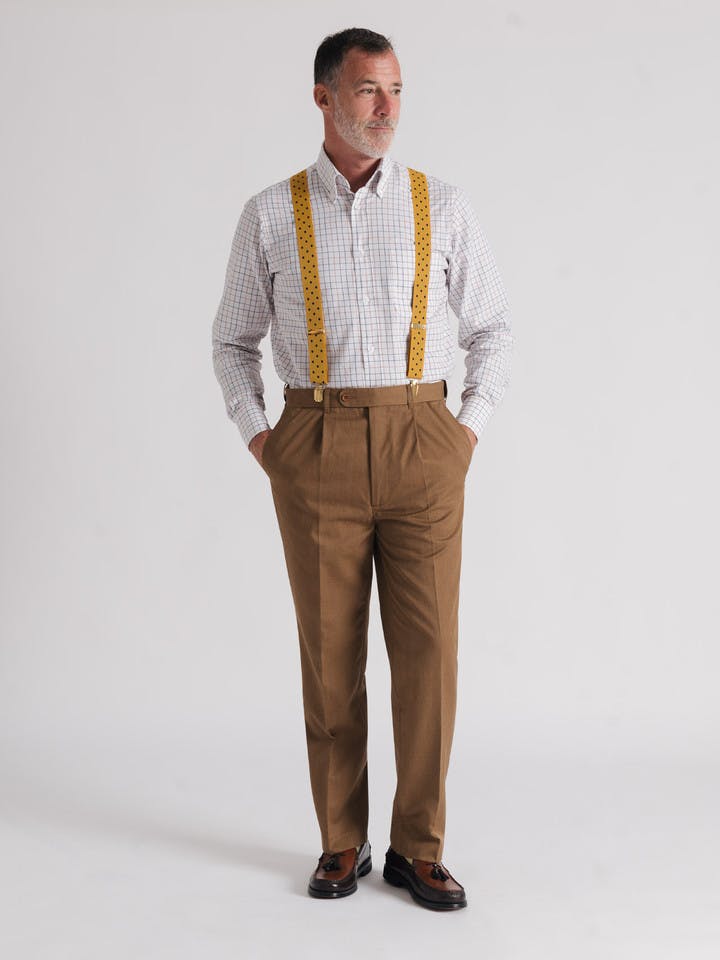 Men's Tan Brown Deluxe Wool & Silk Pants On Model