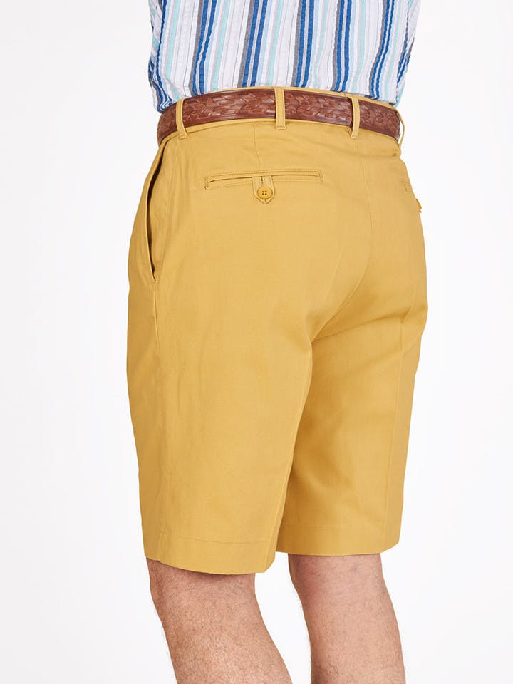 Rear pockets of Men's Mustard Yellow Cotton Pleated Dress Shorts