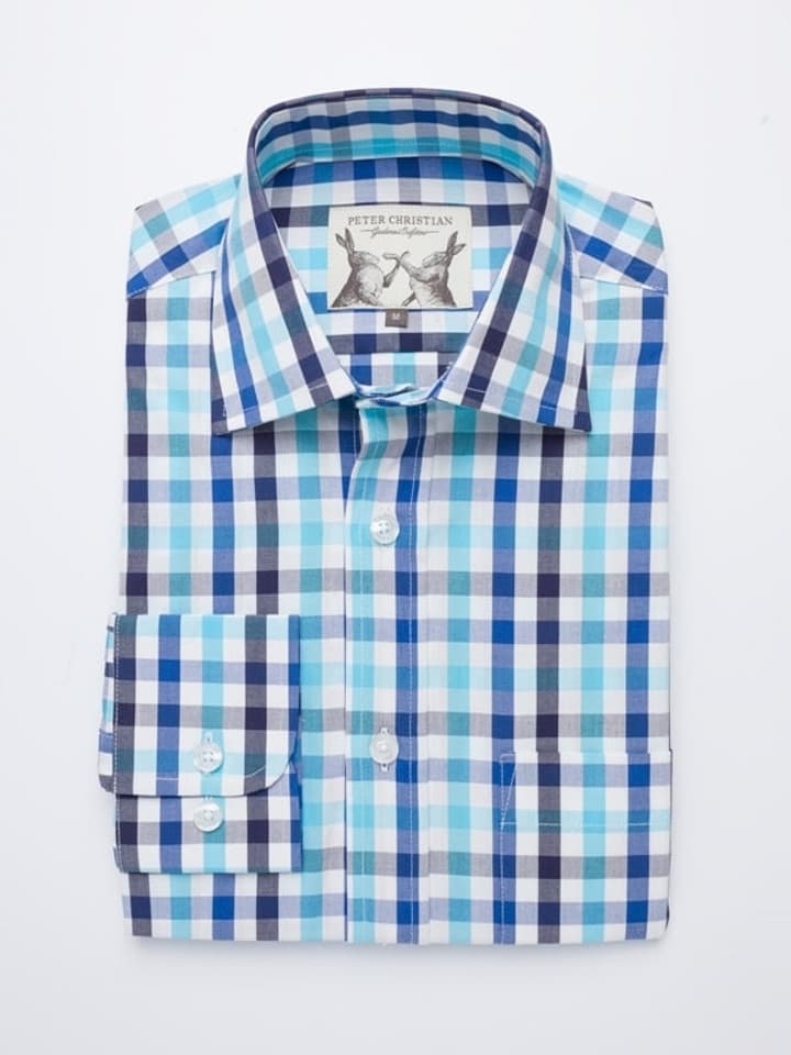 Men's Sky & Blue Ensign Check Long Sleeve Shirt Folded