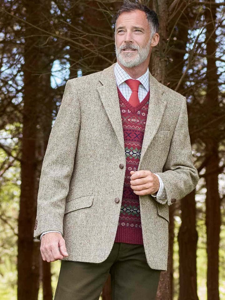 Model Wearing Mens Oat Cream Harris Tweed Jacket