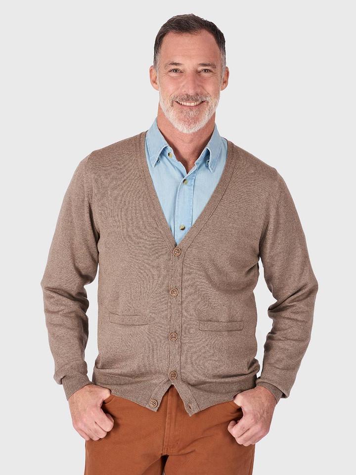 Men's Camel Beige Merino Cardigan On Model