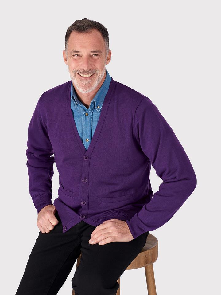 Men's Purple Merino Wool Cardigan On Model