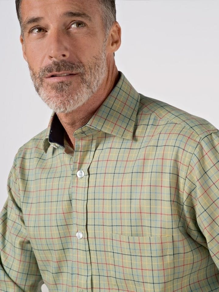 Men's Green Colorful Tattersall Check Cotton Shirt on Model