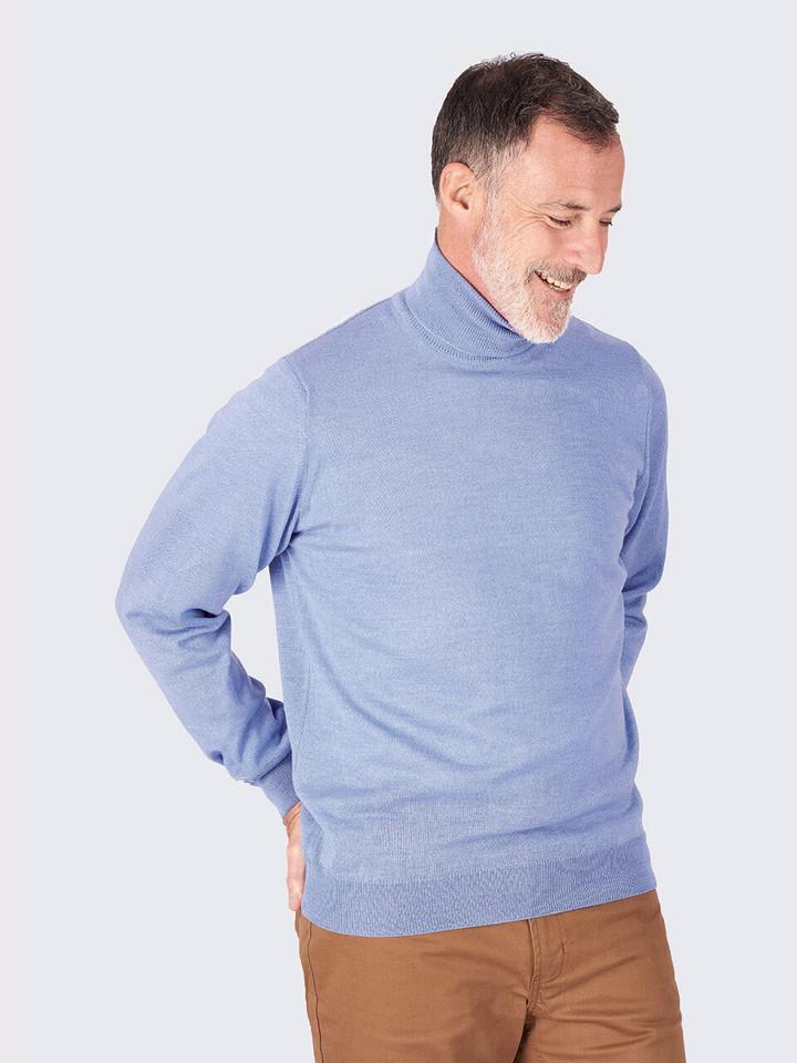 Men's Duck Egg Blue Merino Polo Neck Sweater On Model