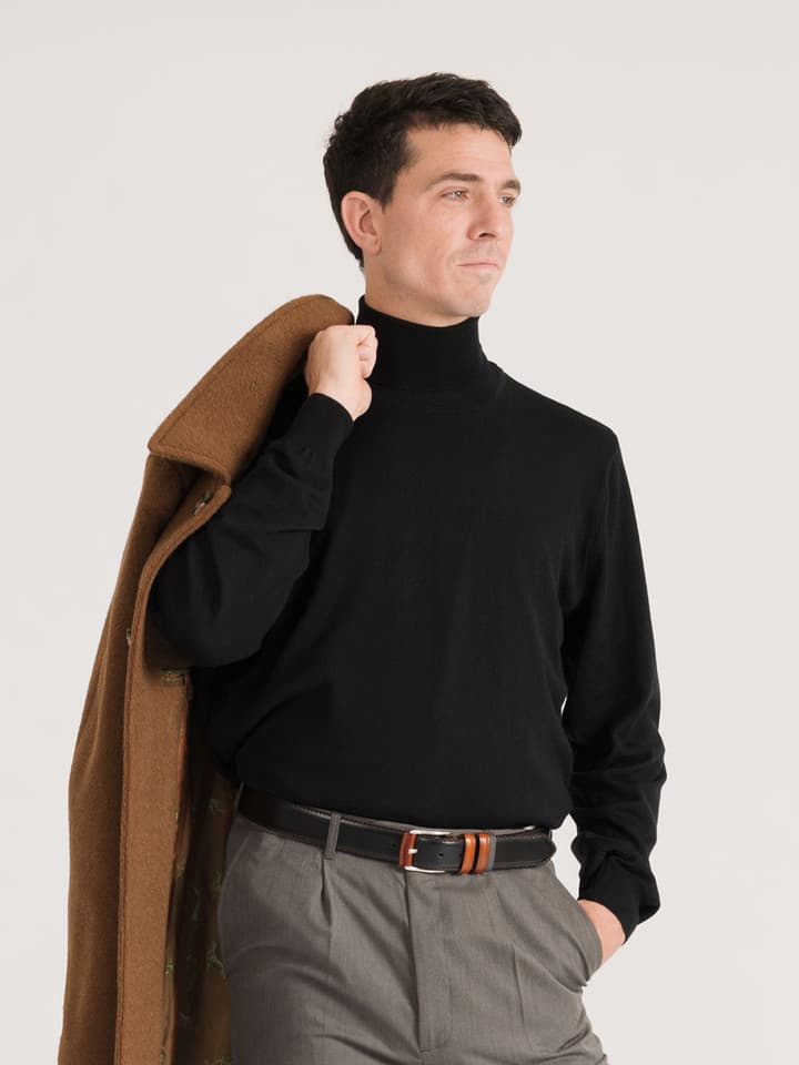 Men's Black Merino Wool Turtleneck Sweater Model