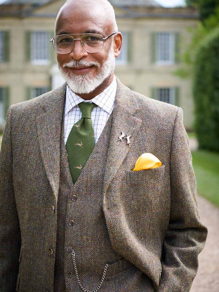 Model Wearing Men's Brown Harris Tweed Suit Jacket