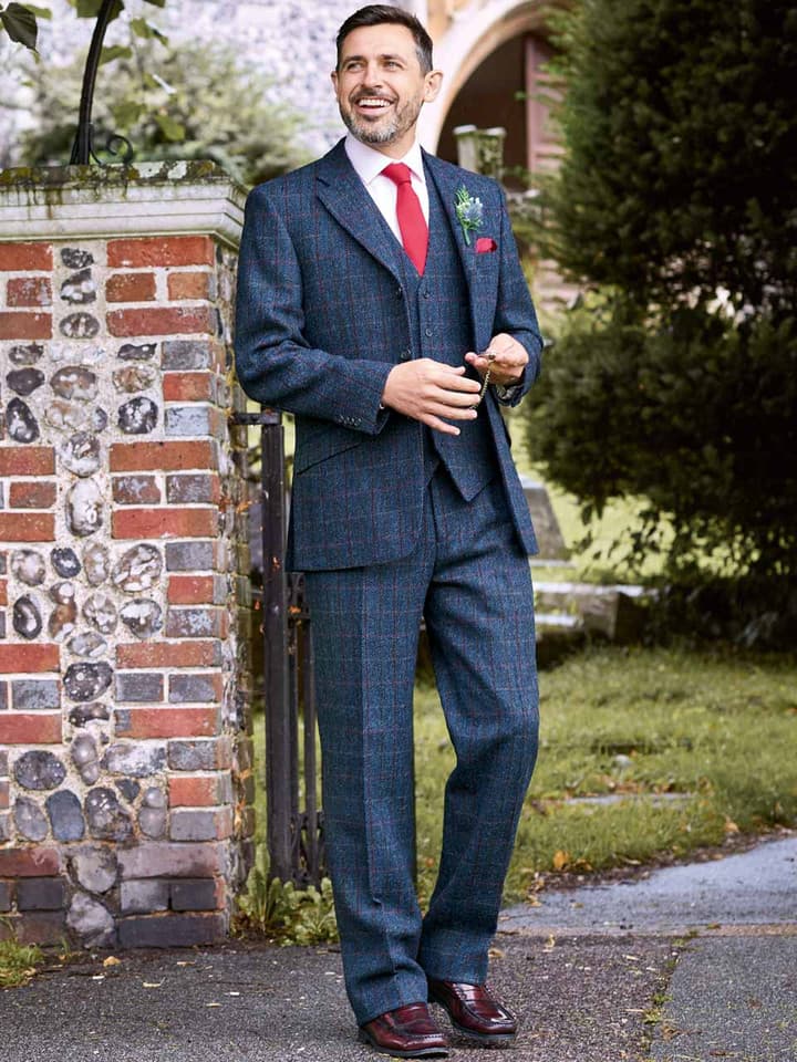 Men's Blue Harris Tweed Suit Jacket On Model