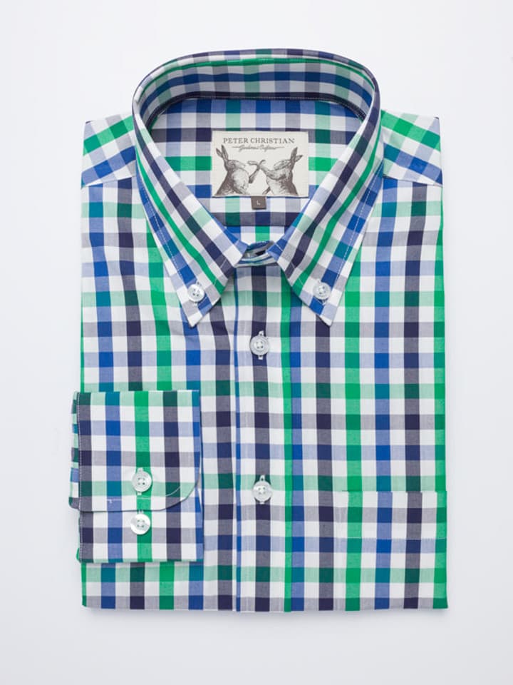 Button Down Green & Blue Ensign Check Long Sleeve Shirt Folded