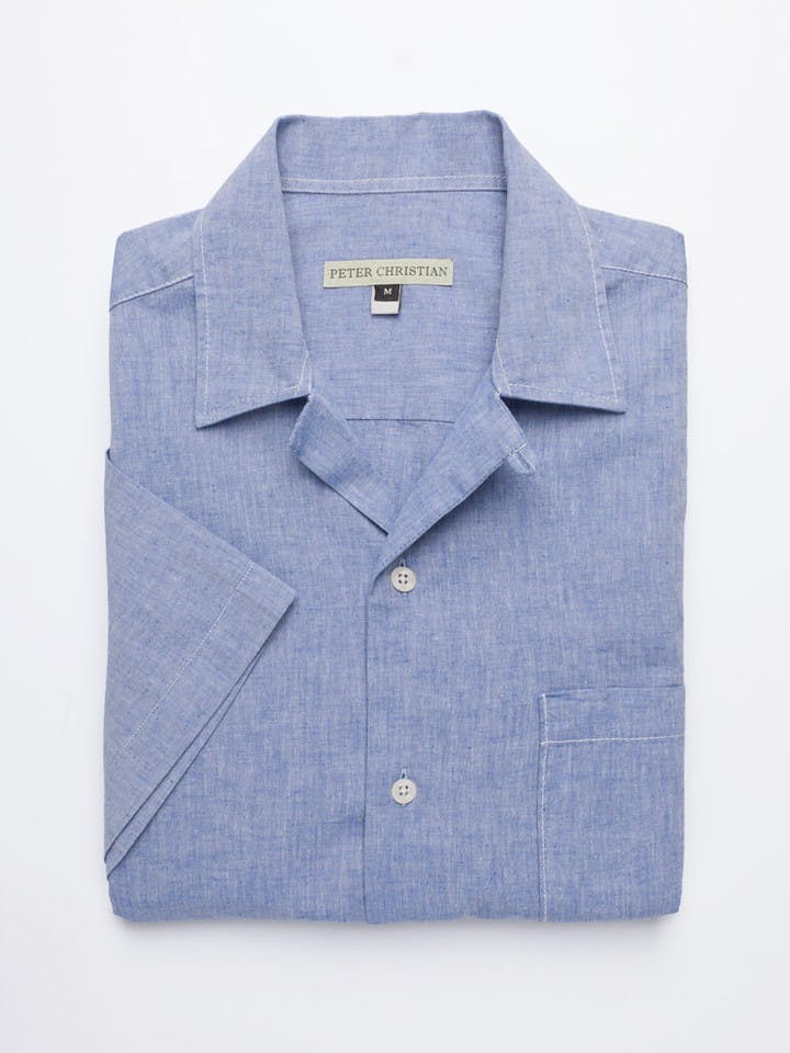 Image of Blue Cotton and Linen Bermuda Shirt