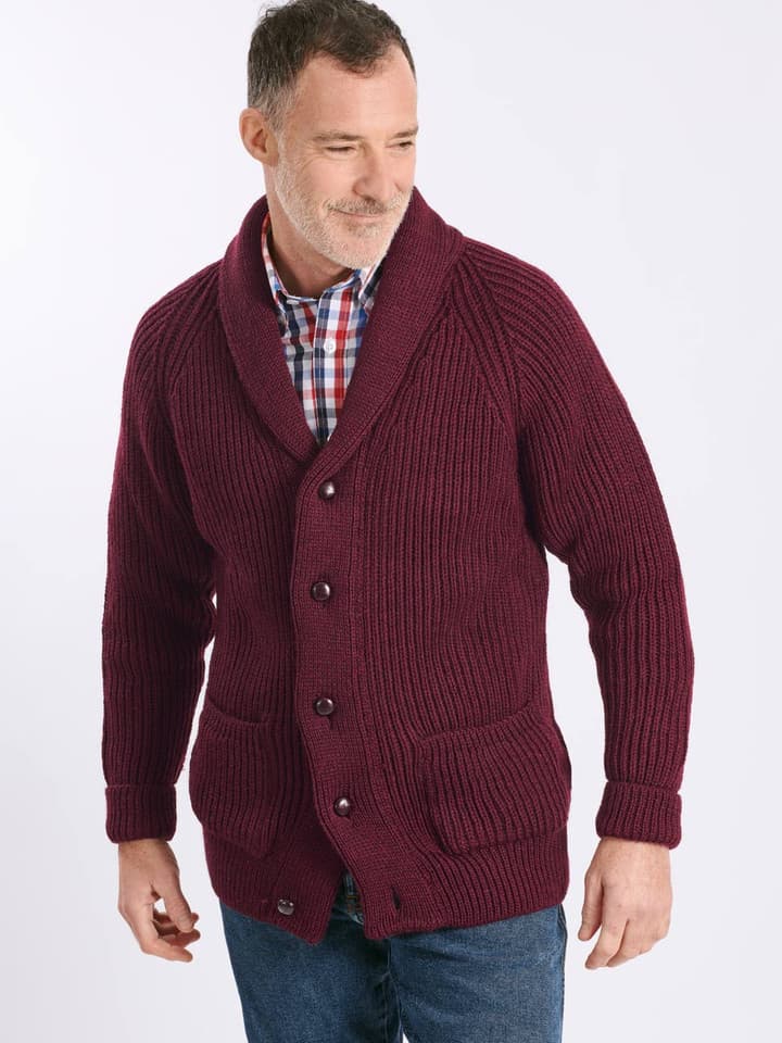 Model wears Wine Shawl Neck Cardigan