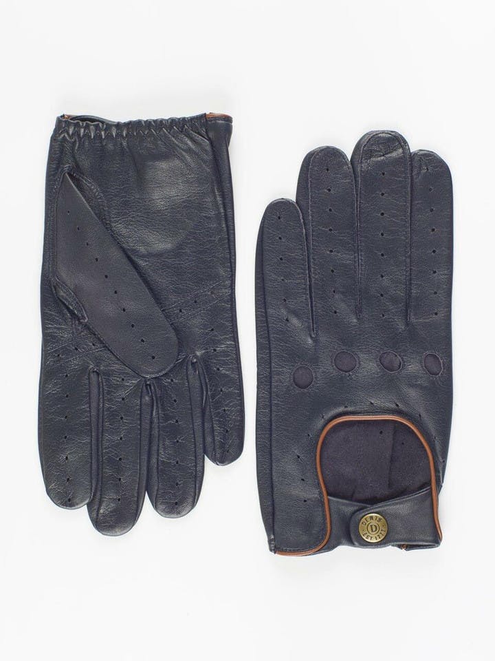 Navy Dents Leather Driving Gloves