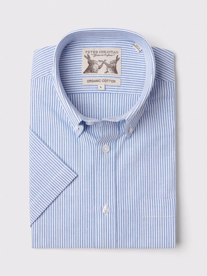 Men's Blue Stripe Cotton Short Sleeve Shirt