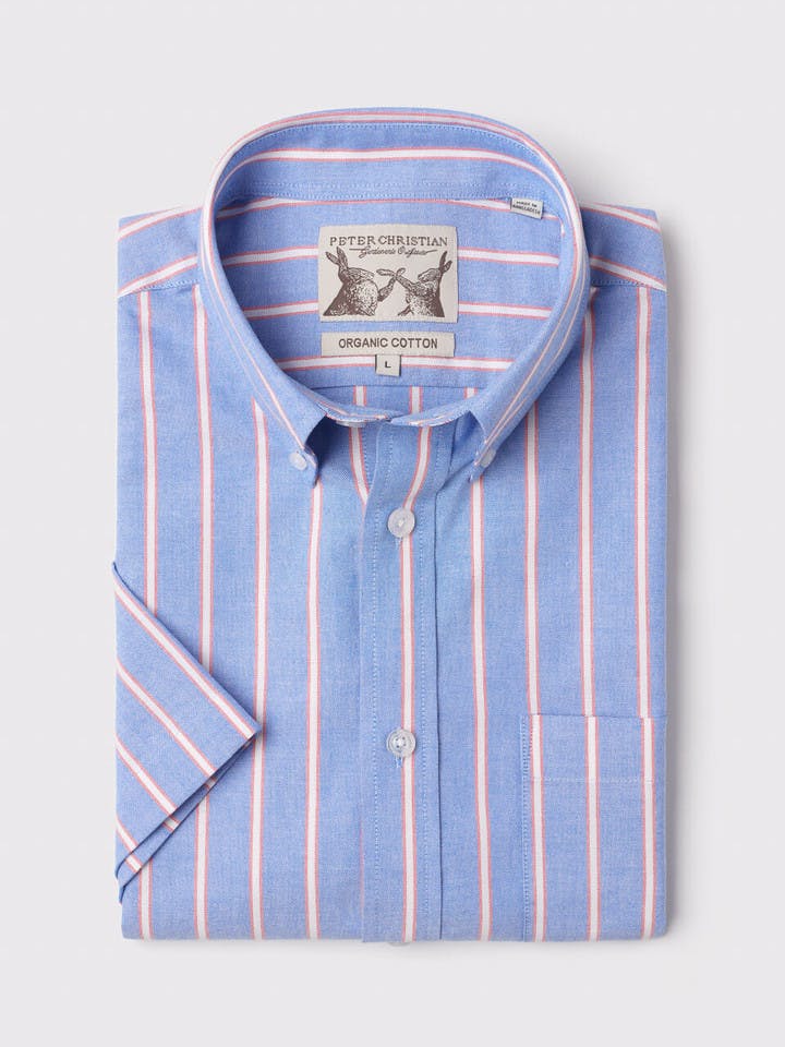 Men's Blue Red Stripe Cotton Short Sleeve Shirt
