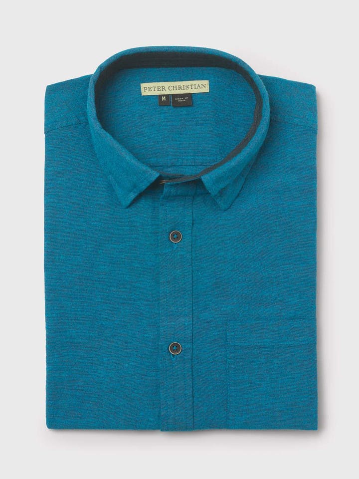 Men's Turquoise Blue Short Sleeve Linen and Cotton Shirt