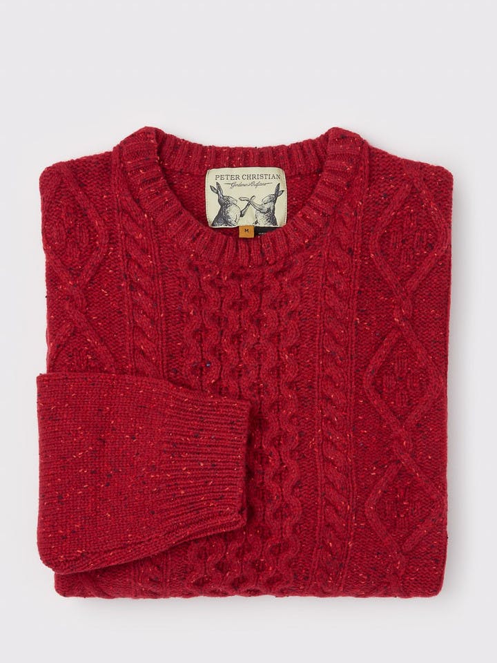 Men's Red Donegal Cable Knit Jumper Folded