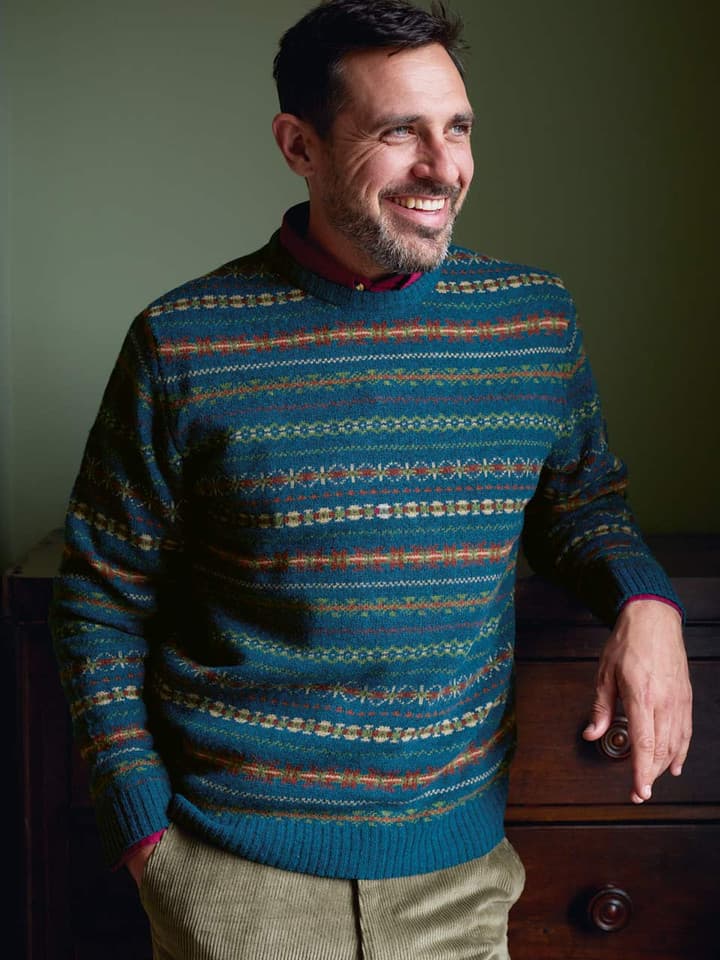 Men's Blue Fairisle Crew Neck Sweater On Model