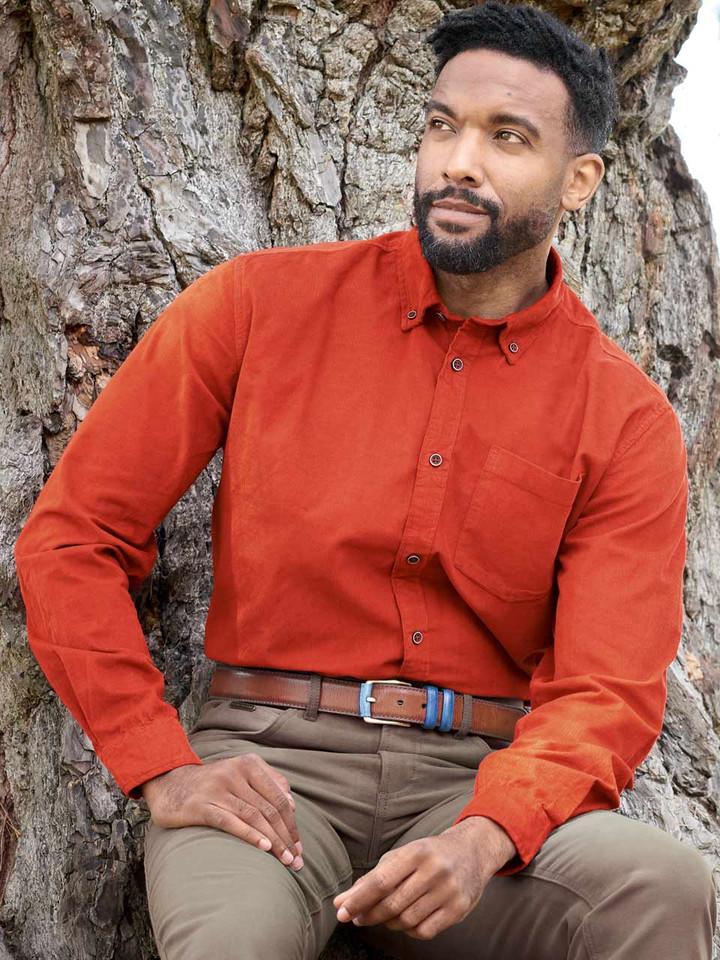 Men's Orange Fine Cotton Corduroy Shirt Model