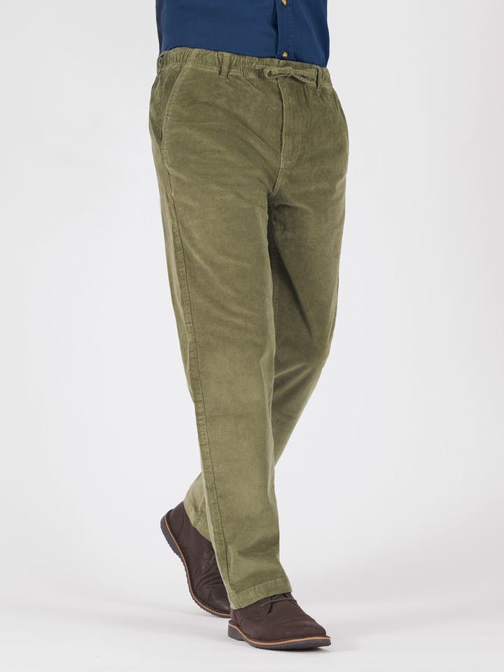 Men's Lovat Green Fine Needlecord Corduroy Drawstring Elasticated Waist Pants
