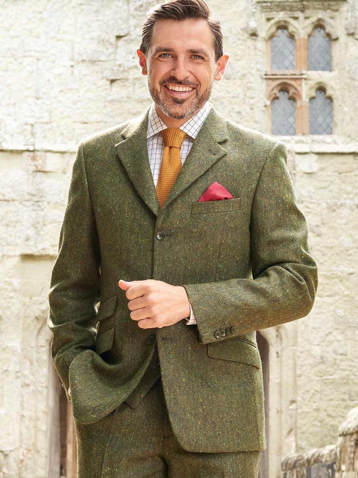 Men's Green Donegal Tweed Suit Jacket On Model