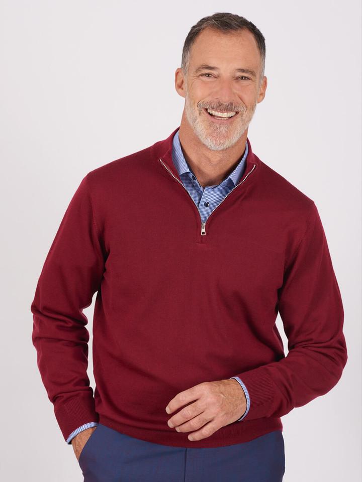 Men's Burgundy Red Merino Zip-Neck Jumper