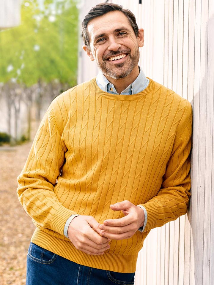Model wearing Men's Gold Yellow Cotton Cable Crew Neck Sweater
