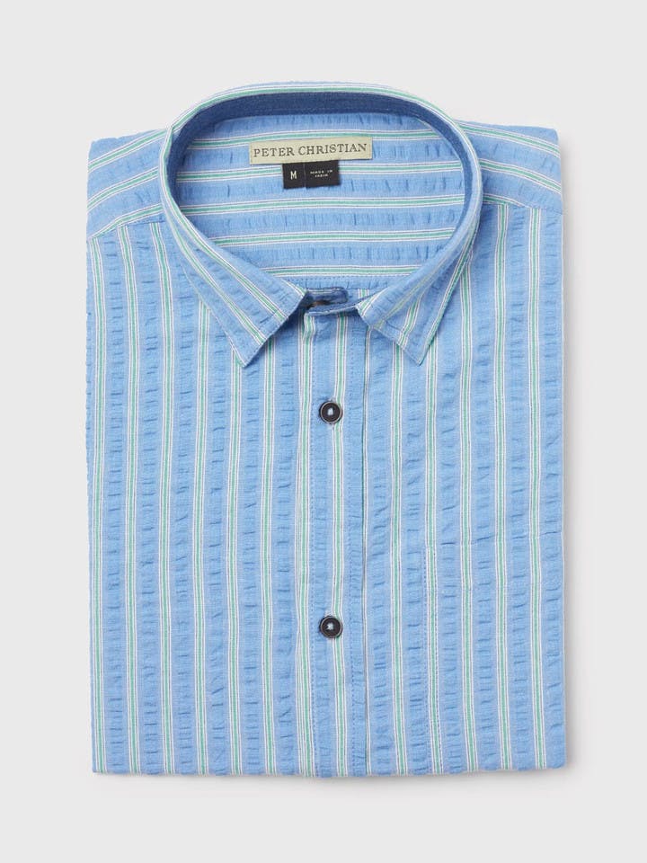 Men's Blue Striped Cotton Seersucker Shirt