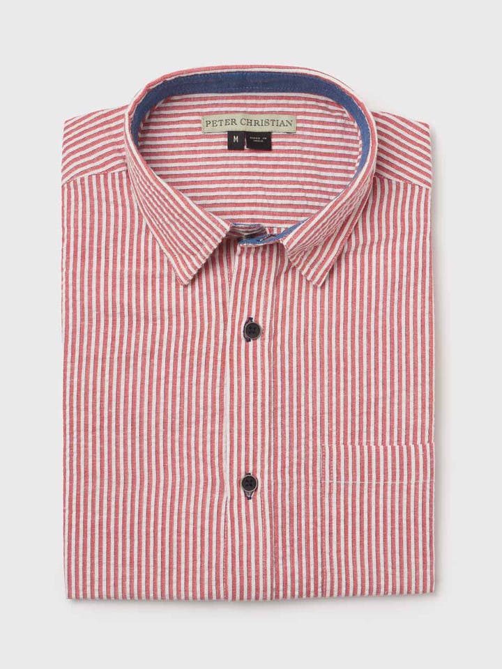 Men's Red Striped Seersucker Shirt