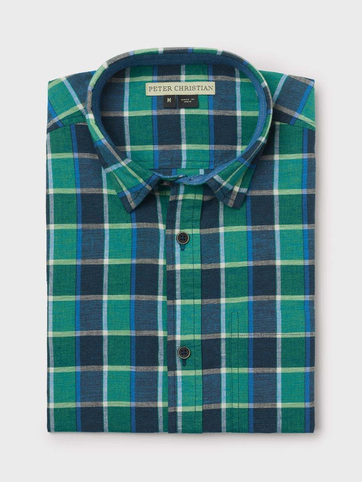Men's Green Check Short Sleeve Linen and Cotton Shirt