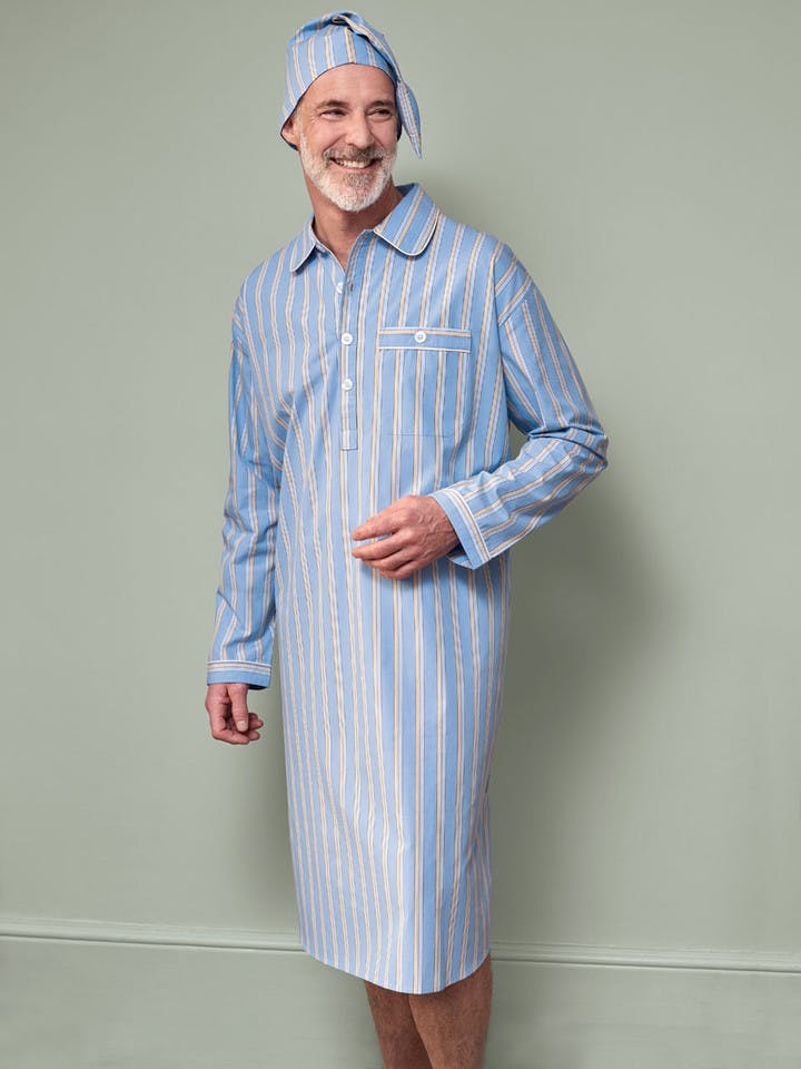Men's Blue & Gold Striped Cotton Nightshirt