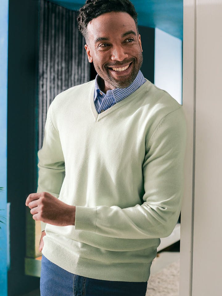 Men's Mint Green Coolmax® V-Neck Sweater On Model