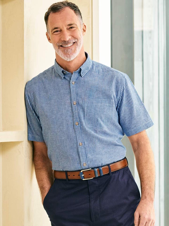 Men's Blue & White Stripe Linen & Cotton Short Sleeve Shirt On Model
