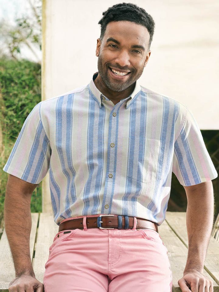 Men's Pink Stripe Linen & Cotton Short Sleeve Shirt On Model
