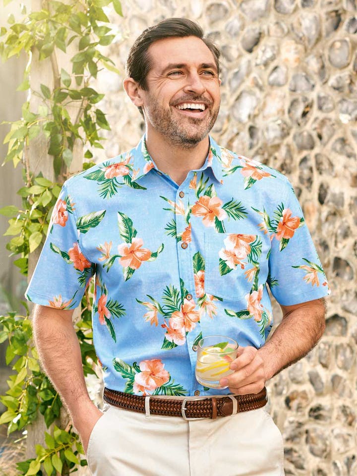 Men's Blue Floral Hawaiian Shirt On Model