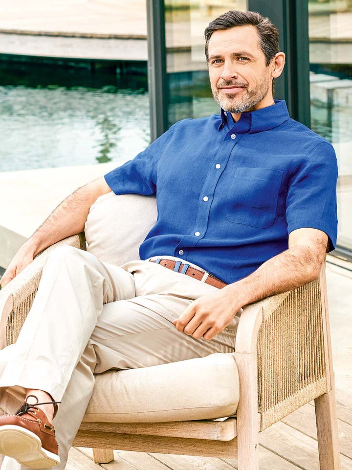 Men's Blue 100% Linen Short Sleeve Shirt