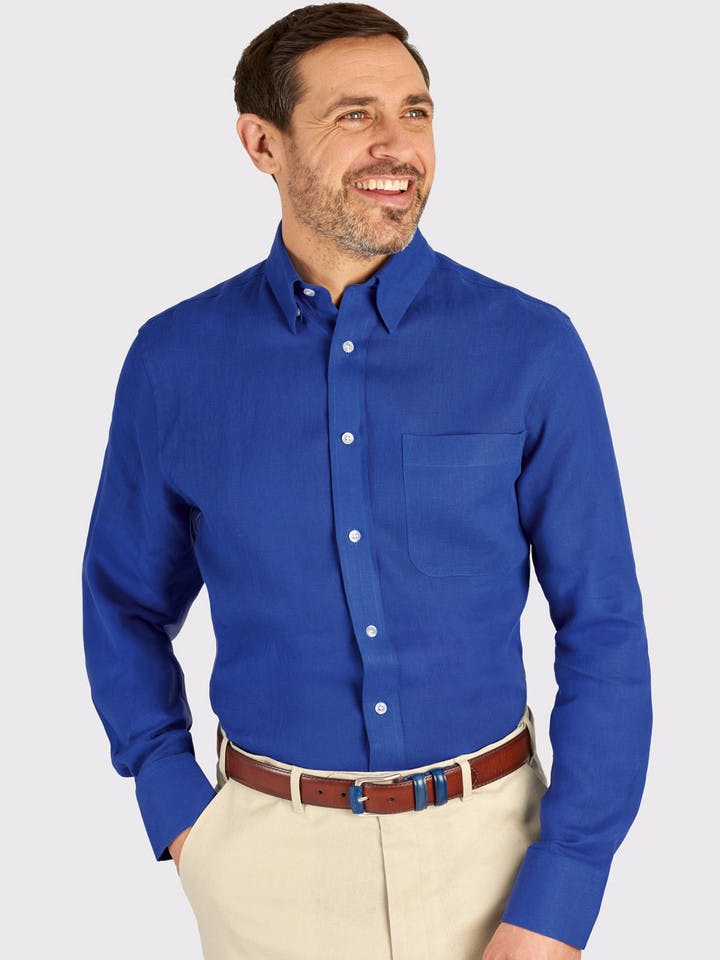 Men's Blue 100% Linen Long Sleeve Shirt On Model