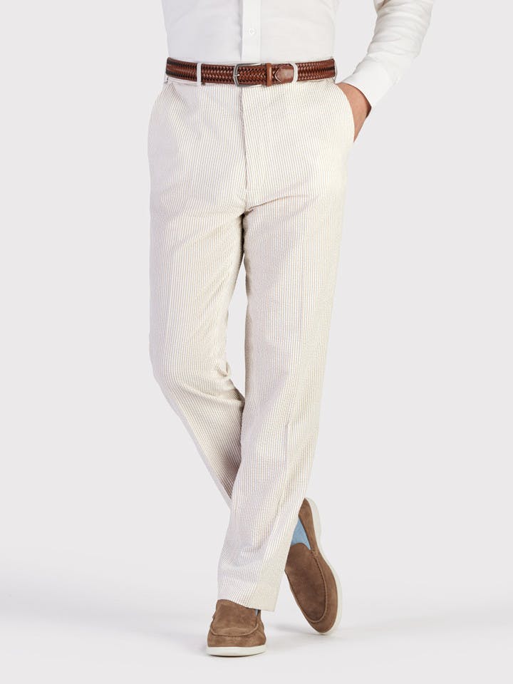 Men's Beige & White Striped Seersucker Suit Pants