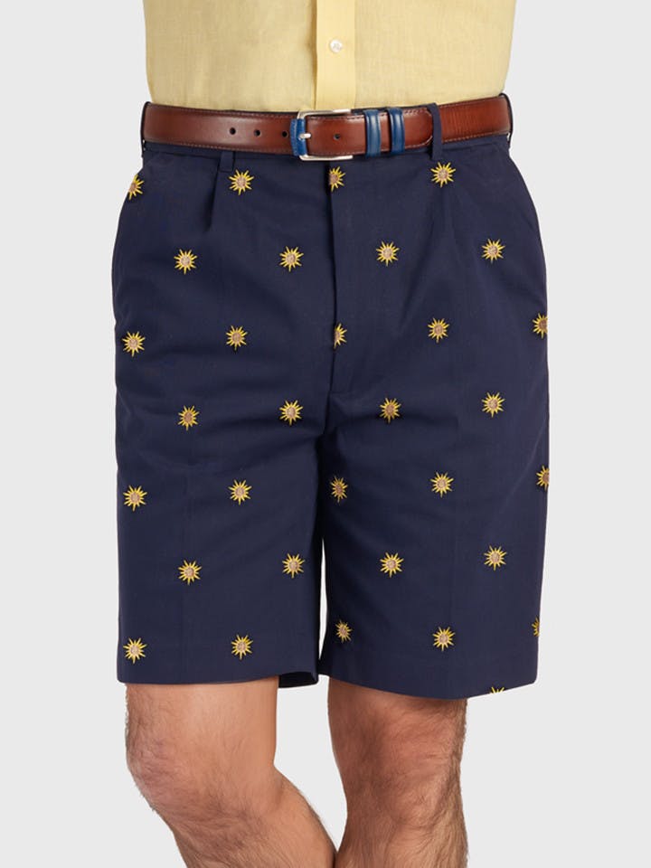 Sun Embroidered Navy Pleated Dress Shorts