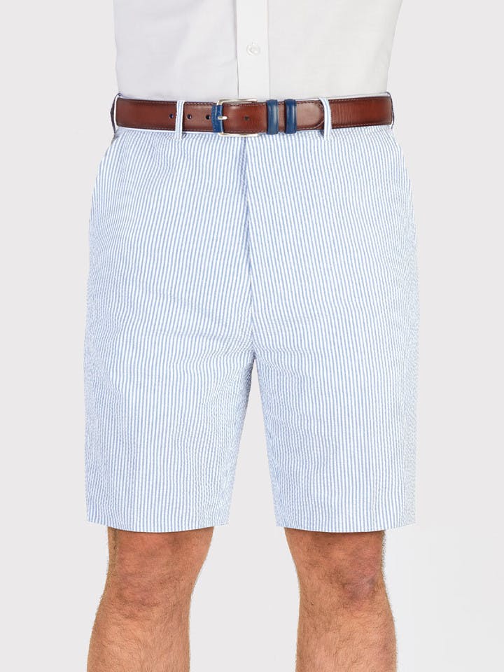 Men's Blue and White Striped Seersucker Shorts On Model
