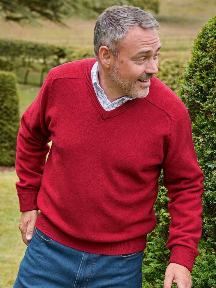 Ruby Red Lambswool V-Neck Sweater On Model