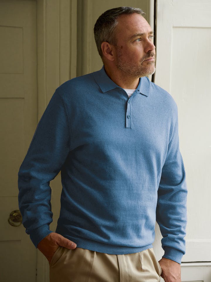 Blue Knitted Polo Sweater On Model