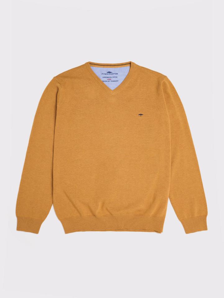 Mustard Fynch-Hatton Superfine Cotton V Neck Sweater Flat