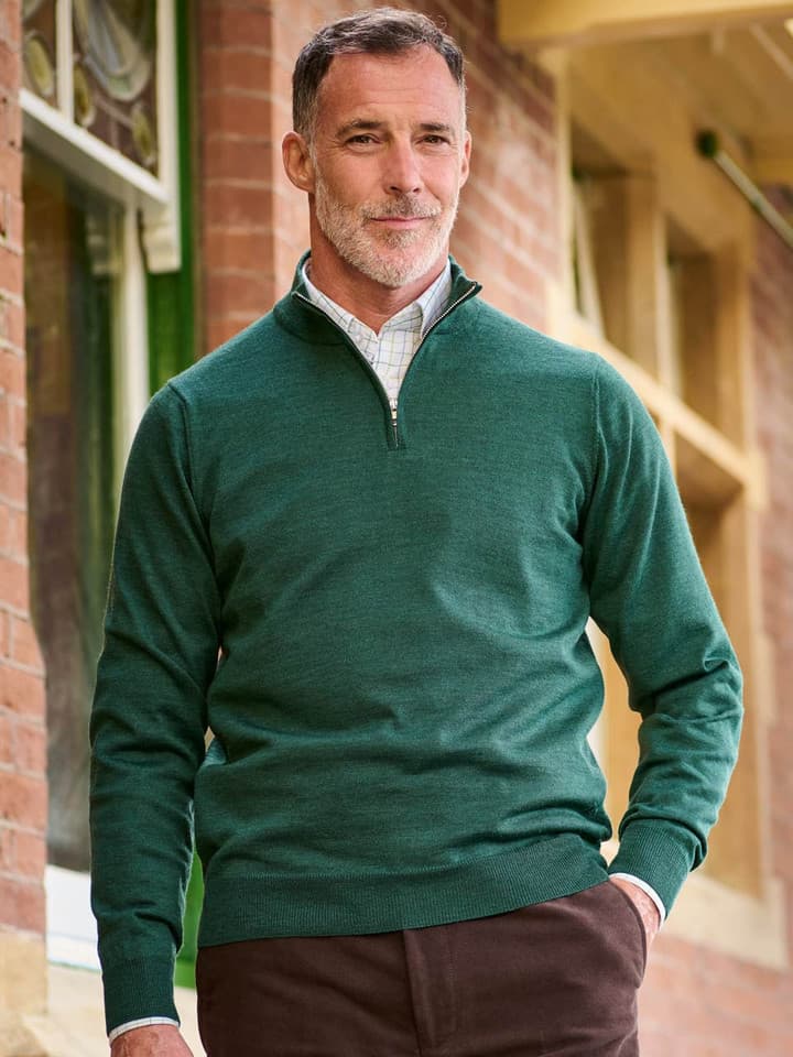 Green Fine Merino Zip-Neck Sweater