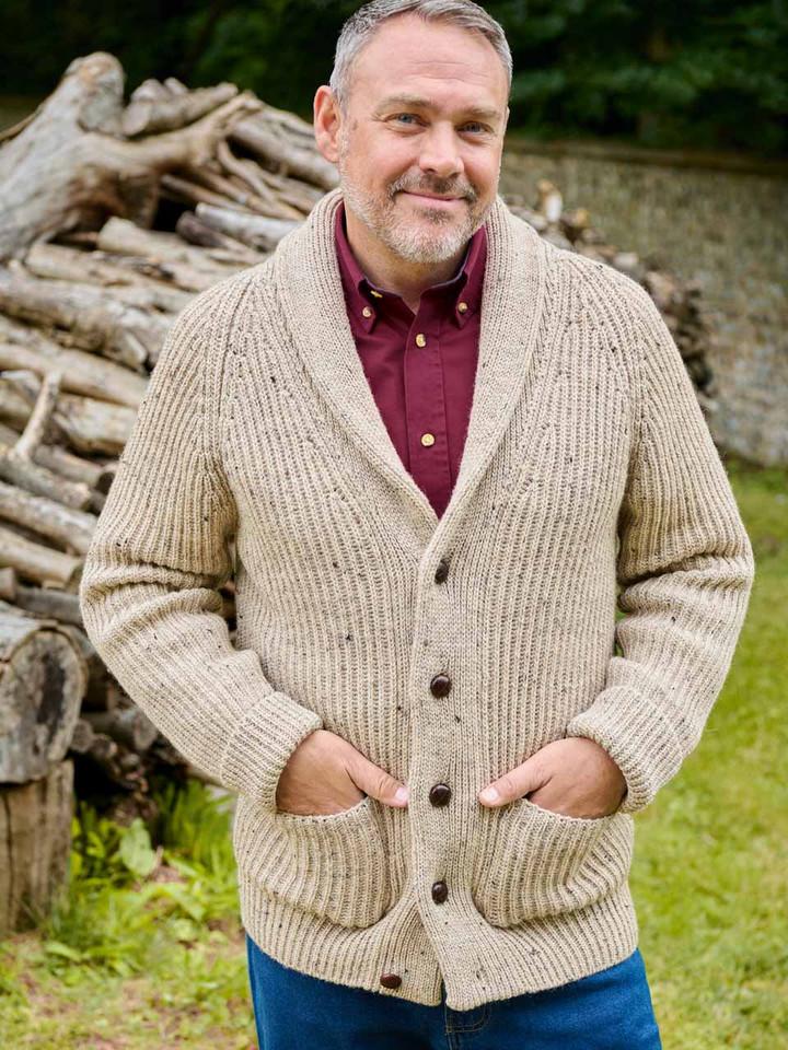 Oat Shawl Neck Cardigan On Model