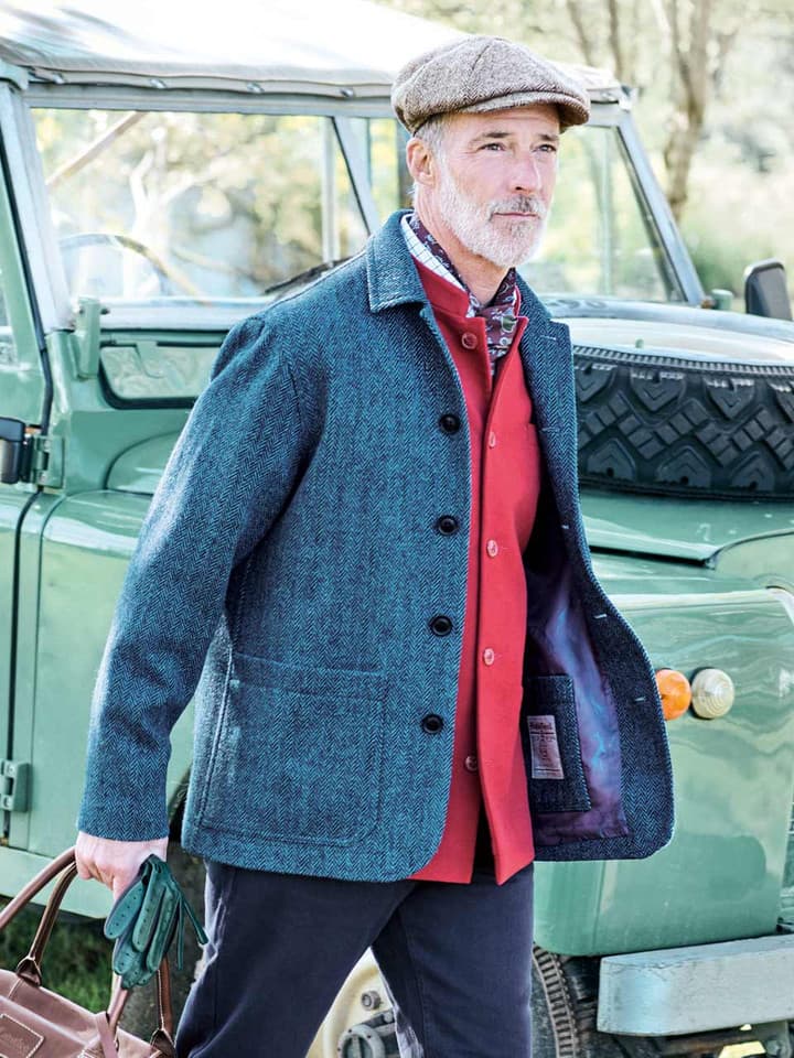 Blue Herringbone Harris Tweed Chore Jacket On Model