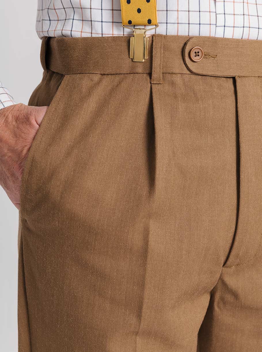 Men's Tan Brown Wool & Silk Pants - Pocket Detail