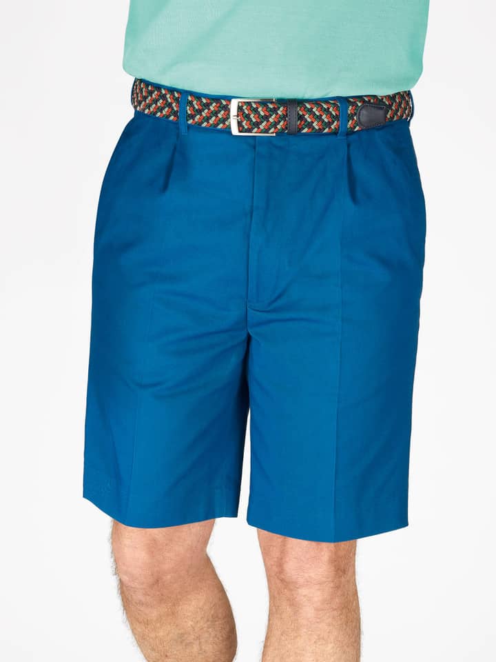 Model wears Royal Blue Cotton Pleated Dress Shorts