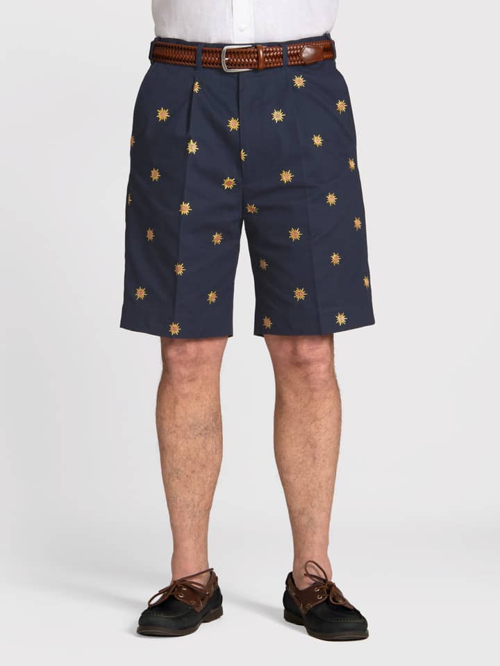 Sun Embroidered Navy Pleated Dress Shorts